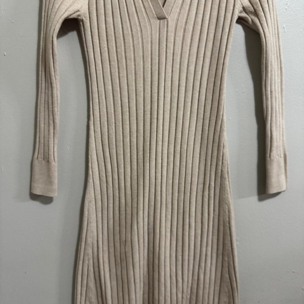 Womans Loft Max Sweater Dress Small Brown Long Sleeve Collar Cream - Picture 2 of 13